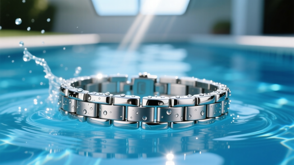 Close-up of a 316L steel Cuban bracelet submerged in a blue chlorinated pool, water splashing across polished metal links.