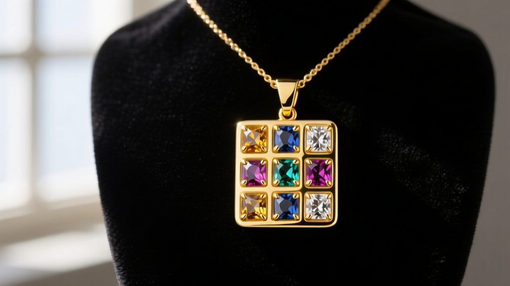 Front view of an 18k yellow gold Hoshen necklace pendant with a 4x3 grid of twelve bezel-set natural gemstones on dark velvet.