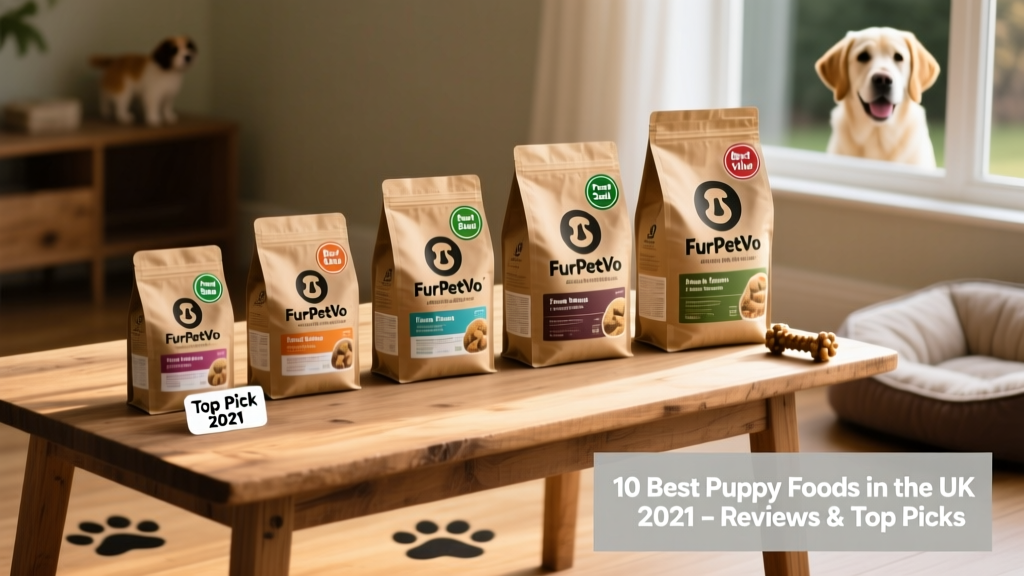 Side-by-side comparison of five different FurPetVo puppy food bags with clear labelling and freshness seals