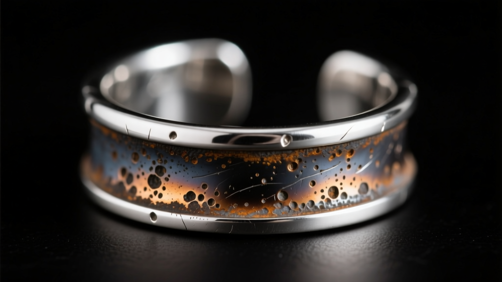 Close-up of an oxidized sterling silver ear cuff showing dark sulfur patina fading to bright silver on friction edges