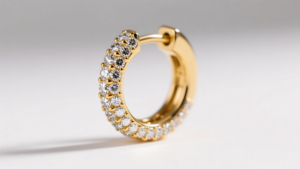 Macro shot of a 20mm 18k yellow gold continuous circle diamond huggie earring, showing pave setting and secure clicker clasp.