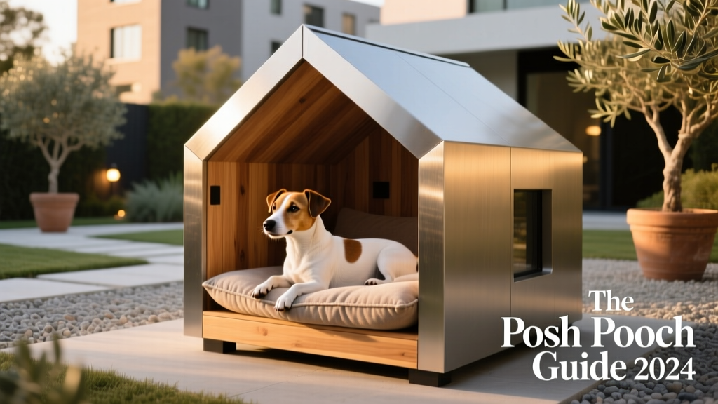 a Jack Russell terrier relaxing inside a modern, minimalist outdoor luxury dog house
