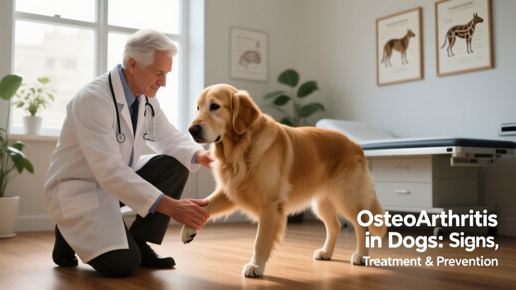 Veterinarian gently examining a dog's hind leg during a mobility assessment