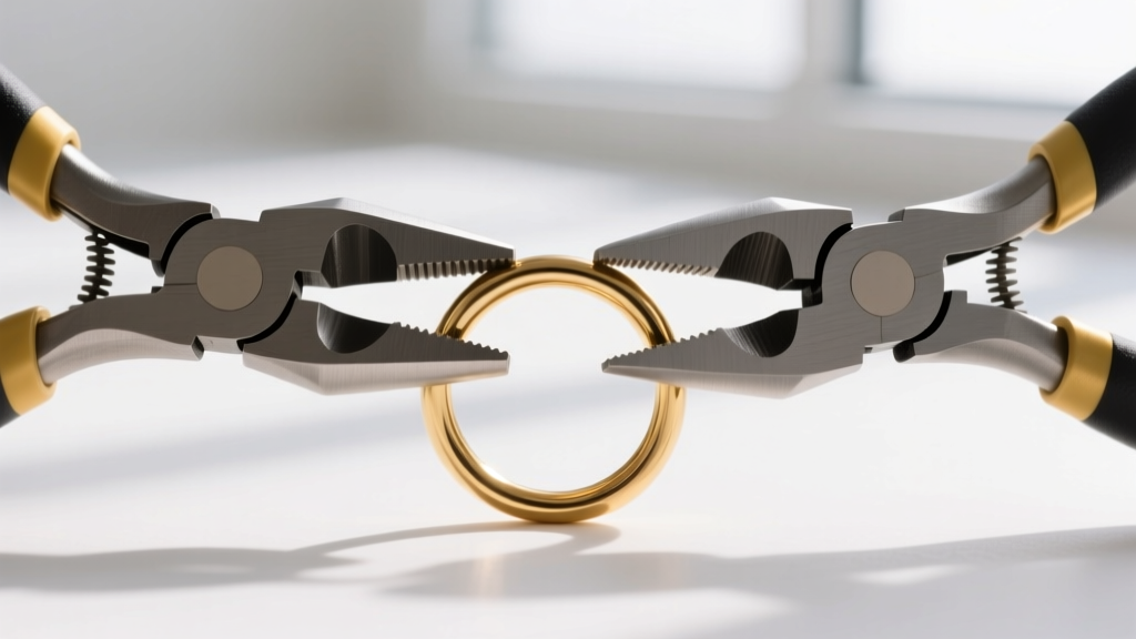 Two pairs of flat-nose jewelry pliers gripping a 20-gauge brass jump ring, demonstrating the proper lateral twisting motion to close.