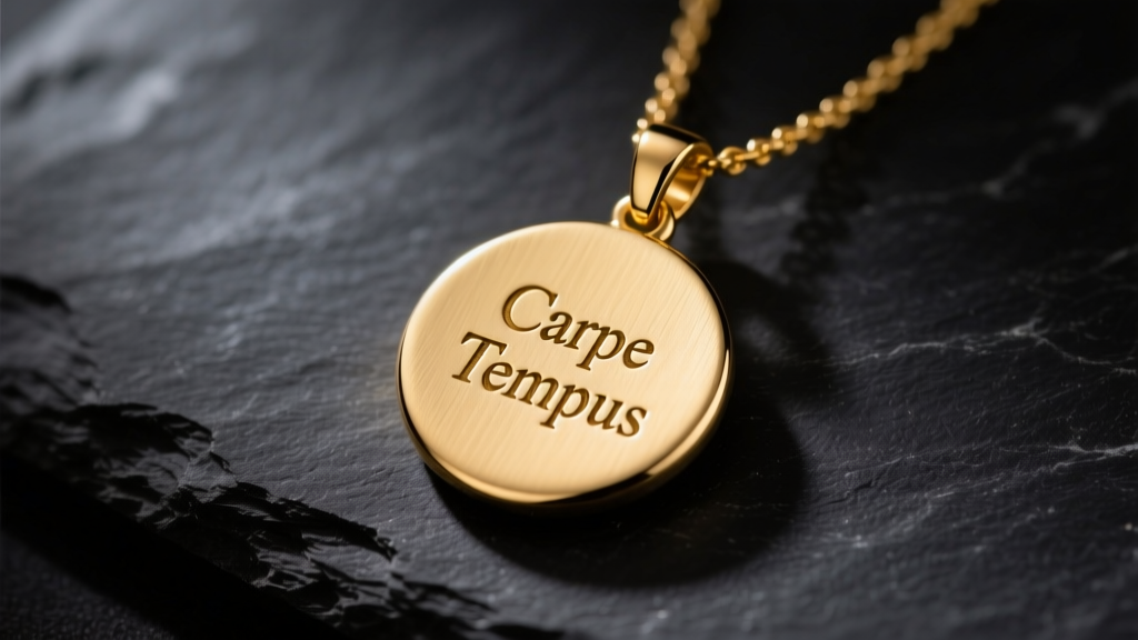 Brushed 14k yellow gold amor fati necklace pendant on dark slate, showing engraved stoic text under soft, moody studio lighting.