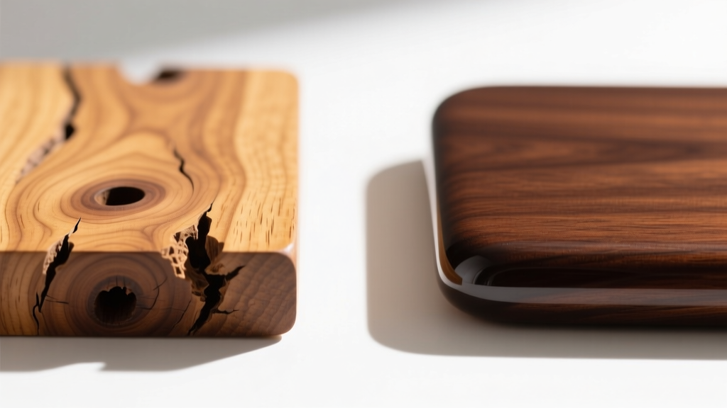 Macro shot of open-pore oak beside sealed mahogany, highlighting textural differences for custom jewelry storage material selection