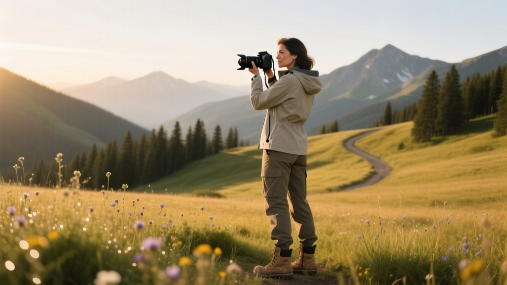 A woman standing in nature taking photos with a professional camera