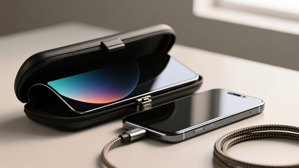Close-up of a rollable OLED portable monitor unrolling from its case, connected to a flagship smartphone via a braided USB-C cable.