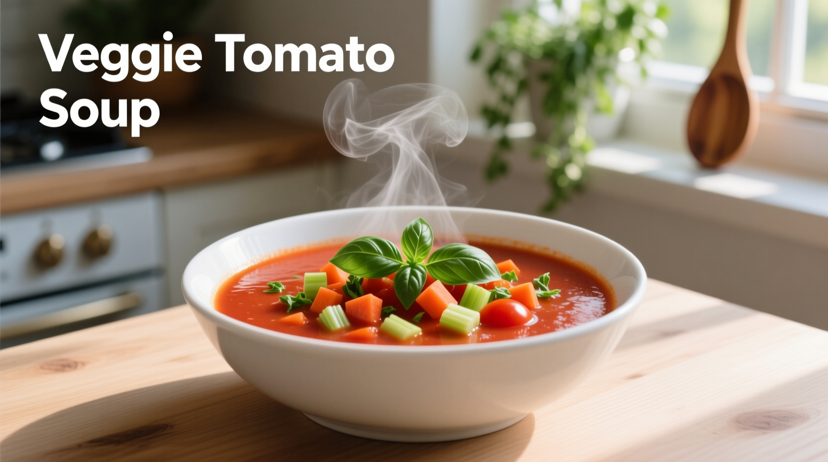 Veggie tomato soup in white bowl with fresh basil