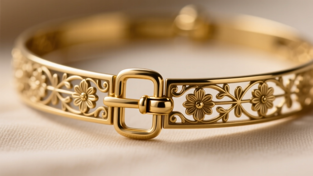 Macro shot of a victorian choker necklace slide clasp in 14k gold-filled brass, showing intricate engraving and secure locking pin