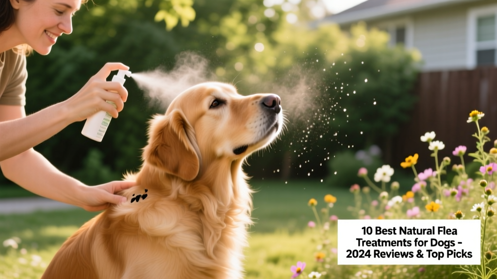Dog owner applying natural flea spray to their dog's coat outdoors, with visible mist and green background