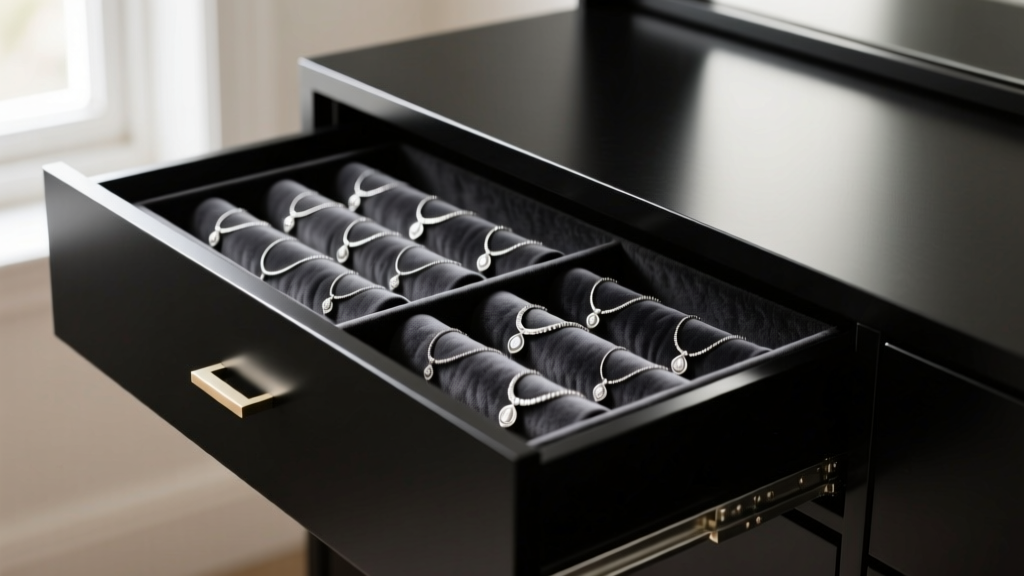 Open black armoire drawer showing dark anti-tarnish treated flannel lining, with silver necklaces neatly arranged on padded rolls.