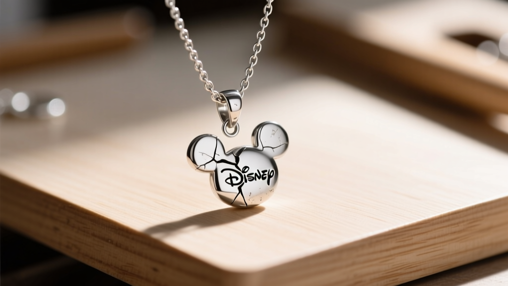Macro shot of a broken silver Disney pendant necklace with an open jump ring resting on a clean wooden jewelry workbench.