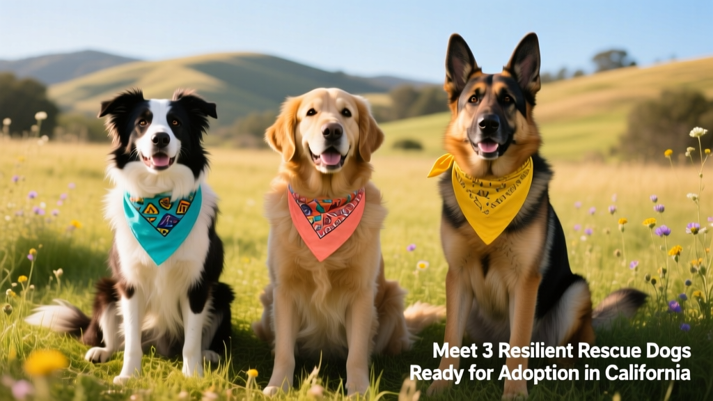 Three rescue dogs sitting side by side on a sunlit grassy patch, each wearing a colorful bandana