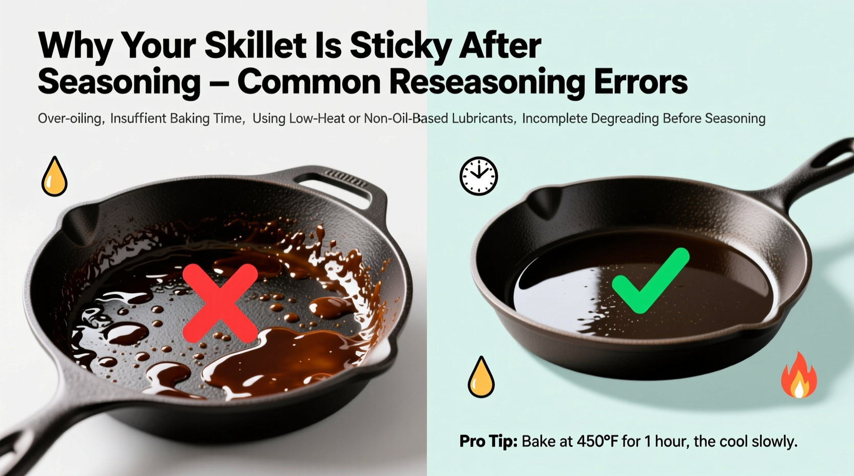 why is my cast iron skillet sticky after seasoning common reseasoning errors