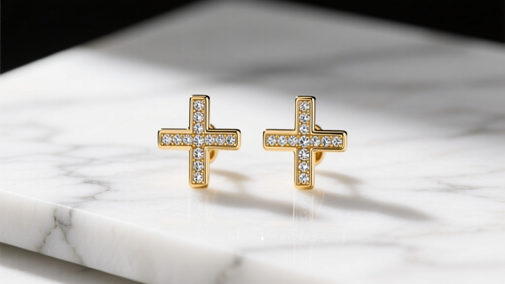 Flat lay of Dolce Gabbana Devotion cross stud earrings in 18k gold with pavé diamonds on white marble under soft directional light.
