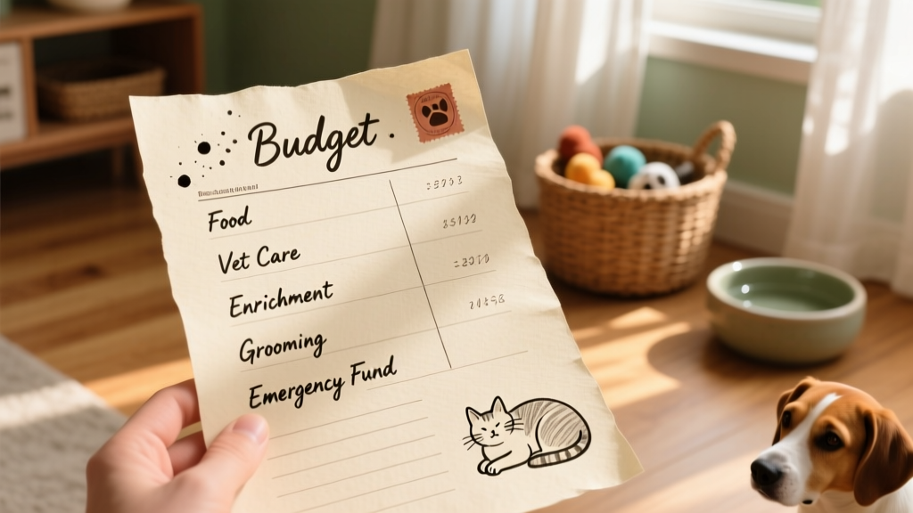 Hand-drawn budget worksheet showing categories like food, vet care, and enrichment for a cat and dog