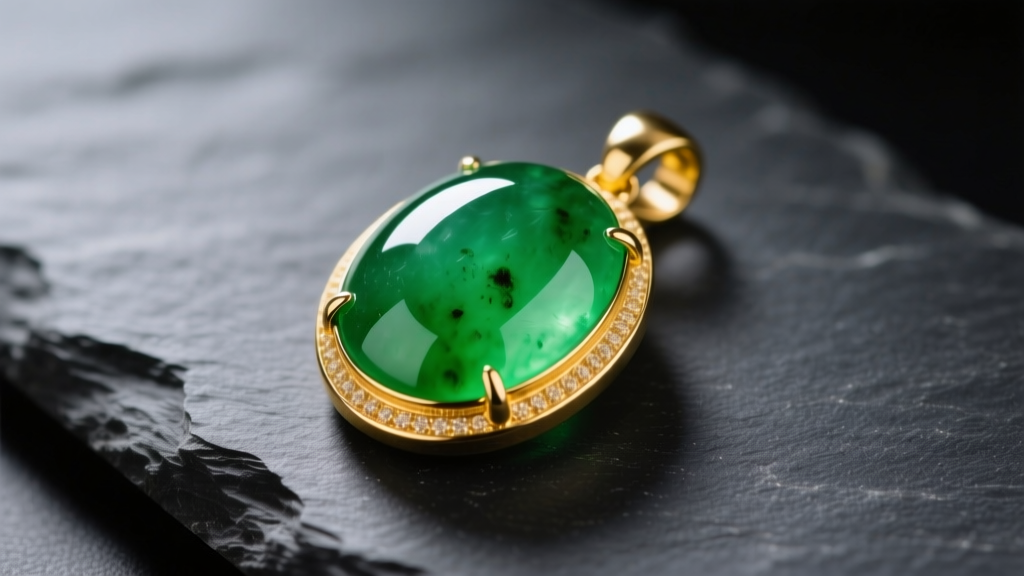 Macro photography of a vibrant imperial green Type A jadeite cabochon pendant set in 18k yellow gold, resting on dark slate
