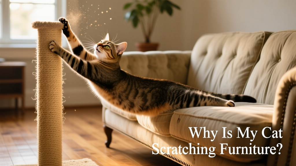Happy cat stretching and scratching on a tall FurPetVo sisal post beside a well-preserved couch
