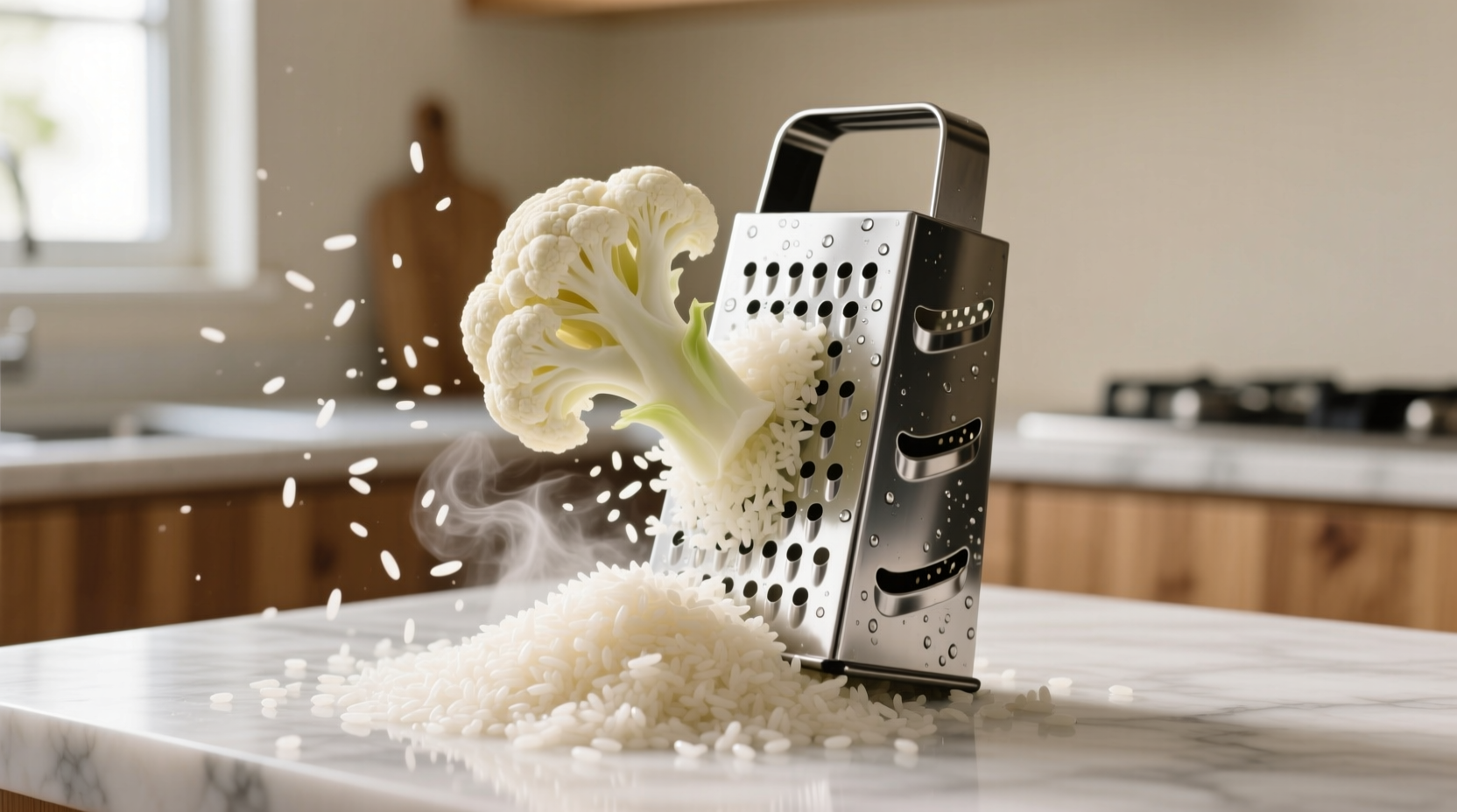 Fresh cauliflower florets being processed into rice