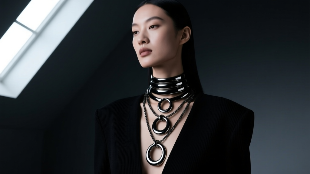 Model wearing layered black steel scene necklaces with O-ring pendants against a dark moody studio backdrop, high fashion style