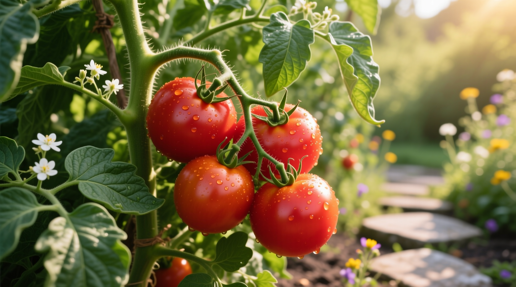 Ripe Ace tomatoes on vine with healthy green foliage
