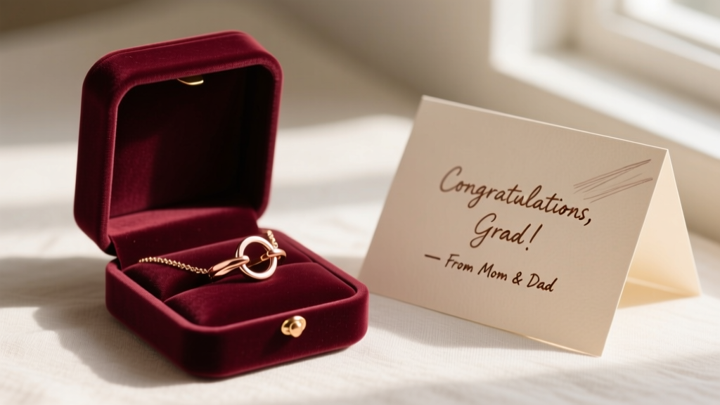 Rose gold spring ring clasp necklace resting on an open velvet jewelry box beside a handwritten graduation greeting card