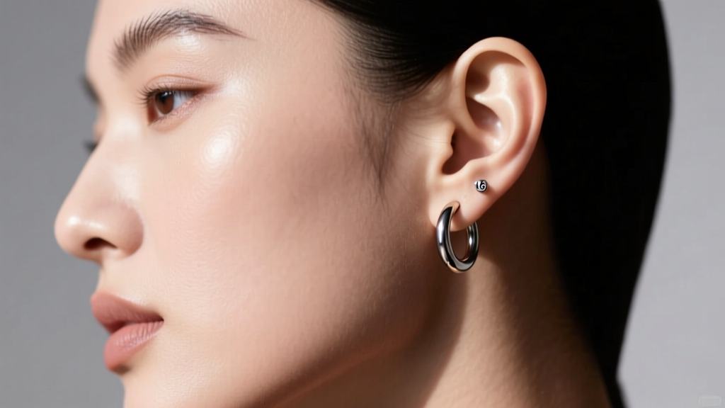 Side profile of a model wearing a 10mm titanium huggie in a 16-gauge helix piercing, showing a snug fit against the ear cartilage