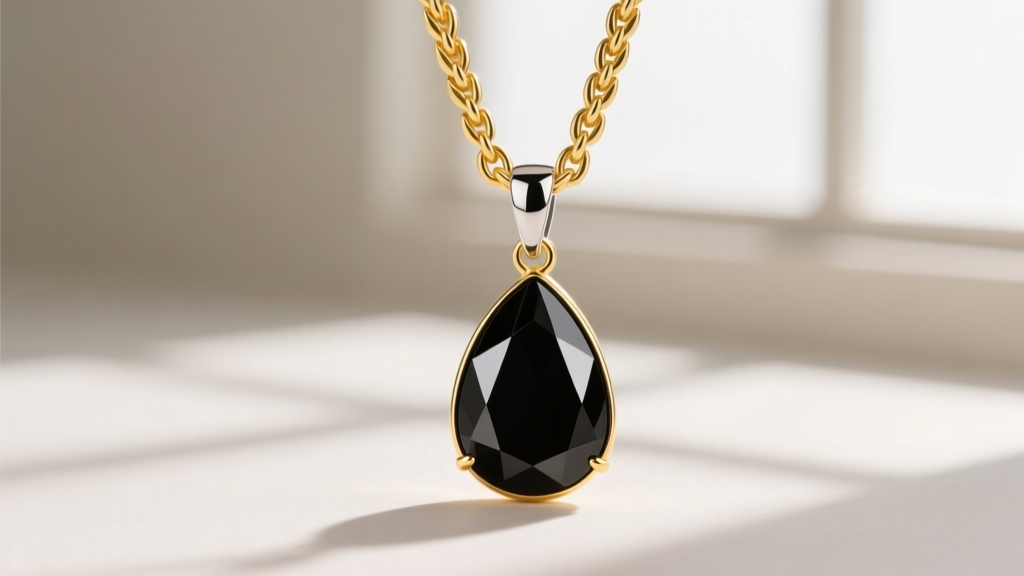 1.5mm 18k yellow gold wheat chain threaded through a reinforced bail holding a heavy 10-carat black tourmaline teardrop pendant.