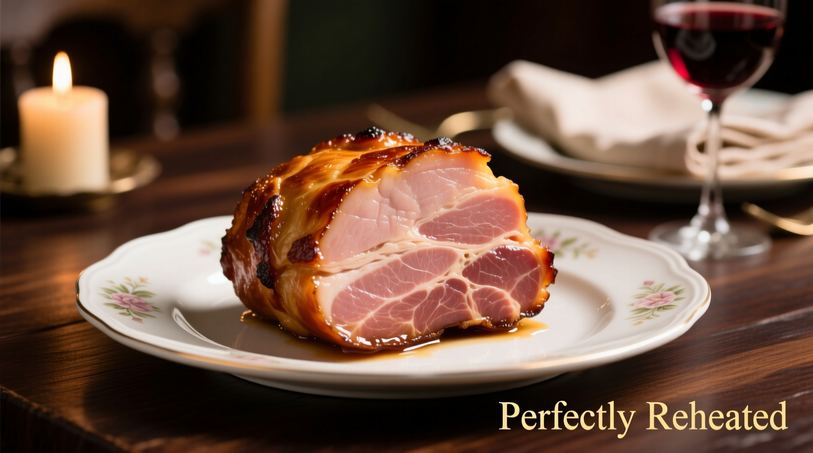 Perfectly reheated sliced ham on serving platter