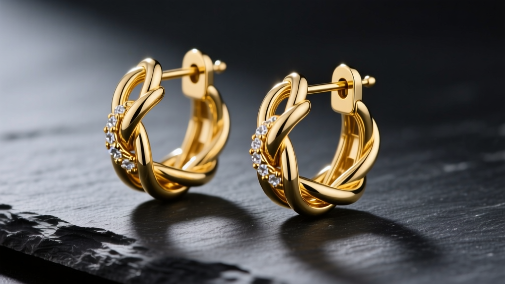 Macro shot of 14k yellow gold knot hoop earrings on dark slate, showing precise wire weaving and a polished clasp.