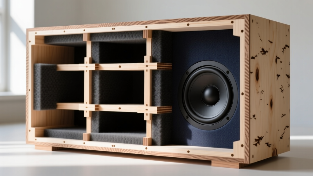 CNC-machined 13-ply Baltic Birch subwoofer enclosure cross-section showing internal cross-bracing and acoustic damping foam layers