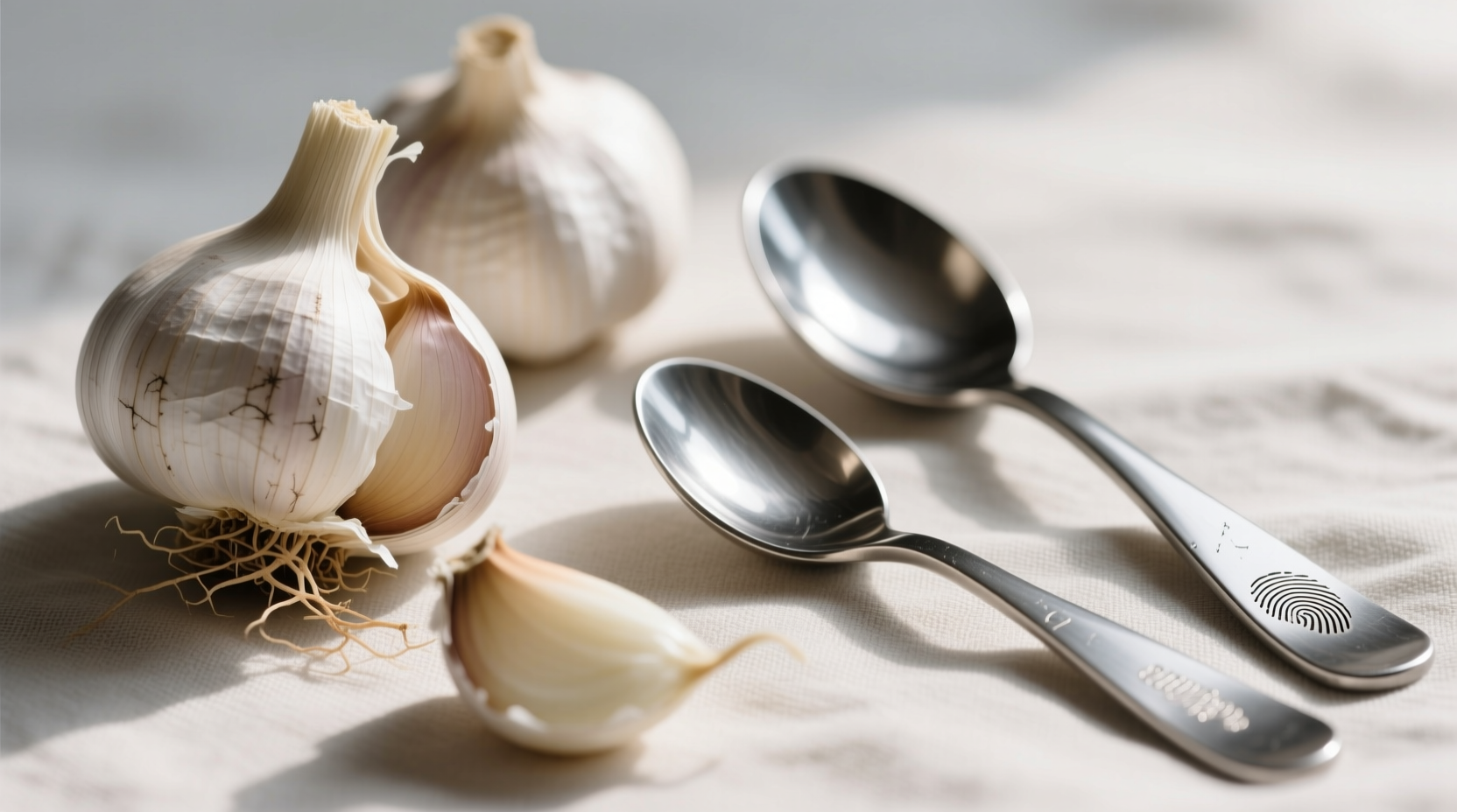 Fresh garlic cloves next to measuring spoons