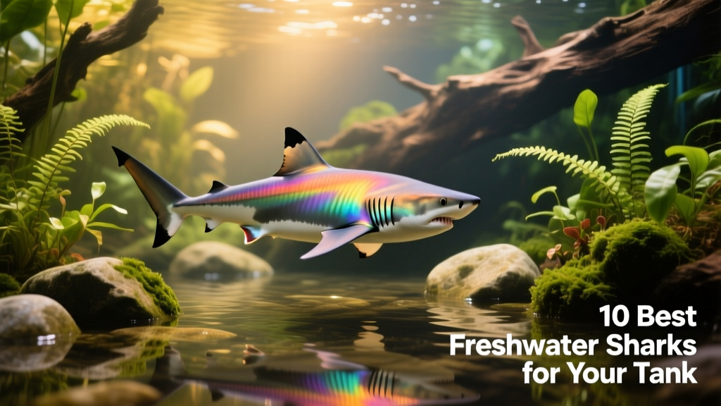 Rainbow Shark gliding near the substrate in a spacious, planted aquarium with smooth rocks and driftwood