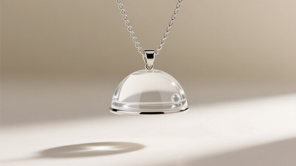 Side profile of a polished domed resin pendant showing smooth bubble-free edges attached to a delicate sterling silver box chain.