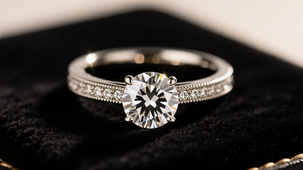 Bespoke platinum engagement ring with a brilliant round diamond on dark velvet under warm studio lighting, showing fine details.