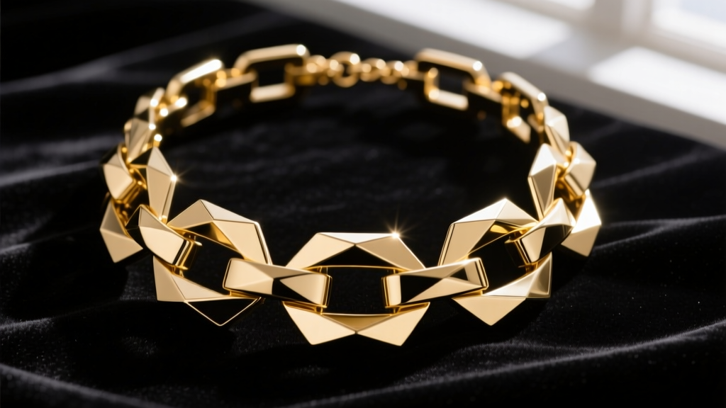 A bold 1980s gold-tone geometric collar necklace on black velvet, showcasing thick interlocking metal links and high-shine polish.