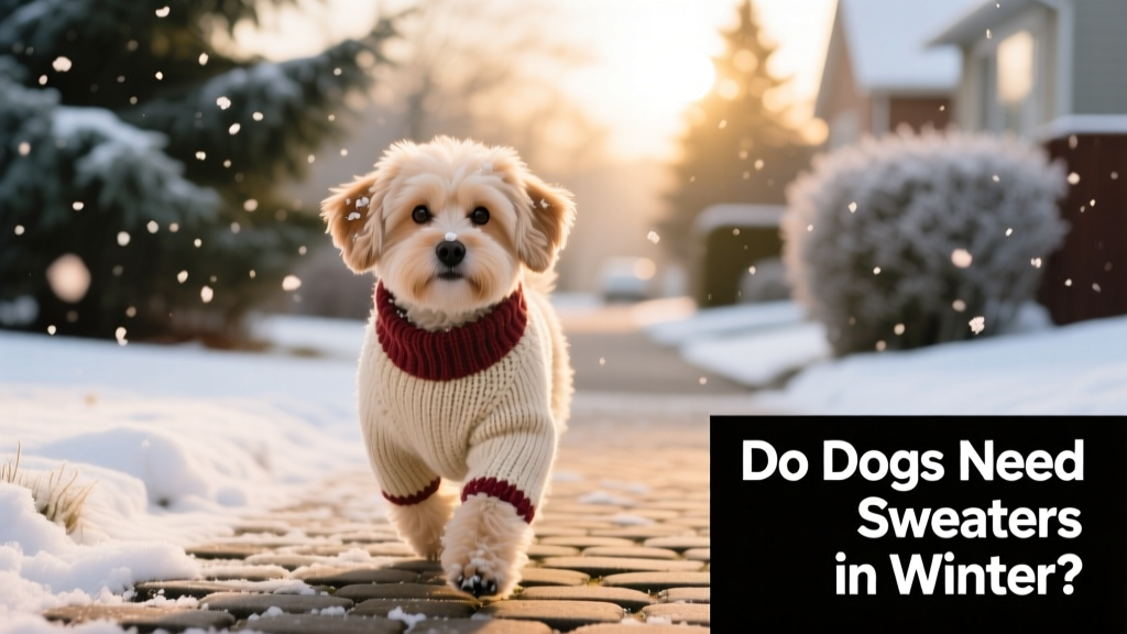 A small dog wearing a cozy sweater during a snowy walk