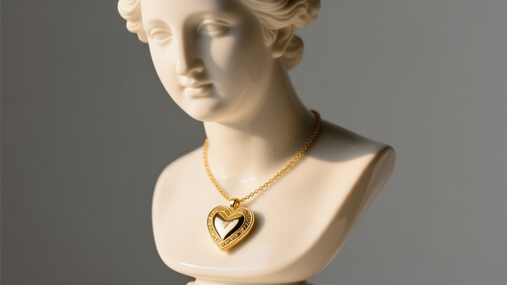 A replated gold heart necklace on a ceramic bust, lit by soft warm directional studio lighting against a neutral grey background