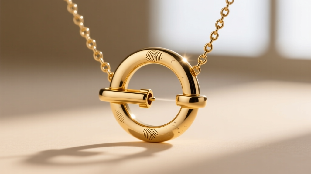 Close-up of a 14k gold toggle clasp fastening, showing the T-bar sliding smoothly through a small circular ring on a neck.