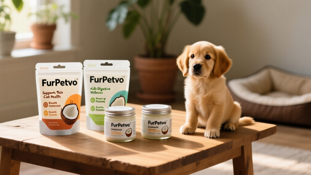 Three FurPetVo product jars and bags arranged on a clean wooden surface