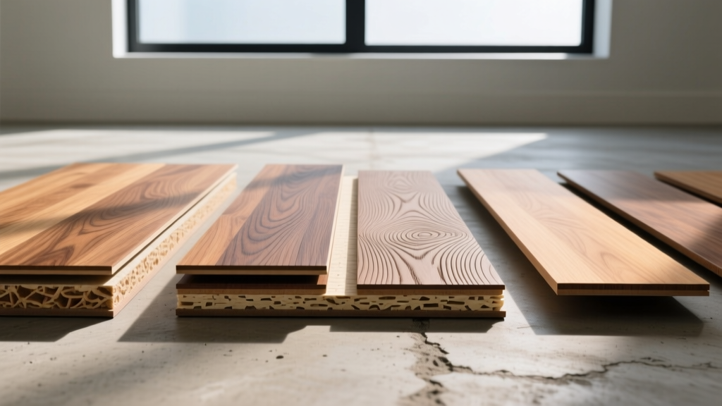 Cross-section of luxury vinyl and engineered hardwood flooring samples showing distinct core layers and textured wood grain on a concrete subfloor