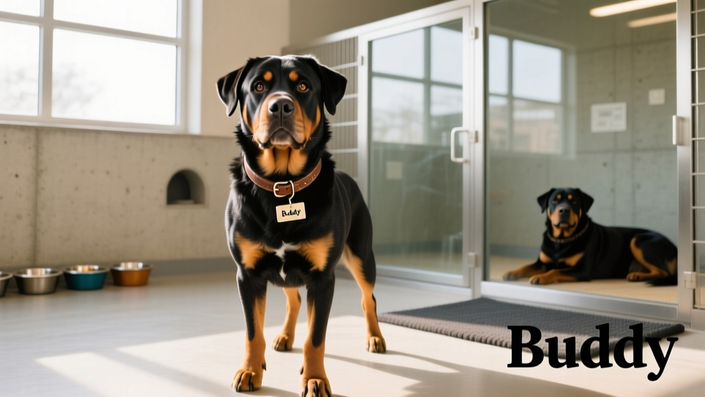 A clean, well-lit rescue facility kennel area with a friendly Rottweiler looking curiously at the camera