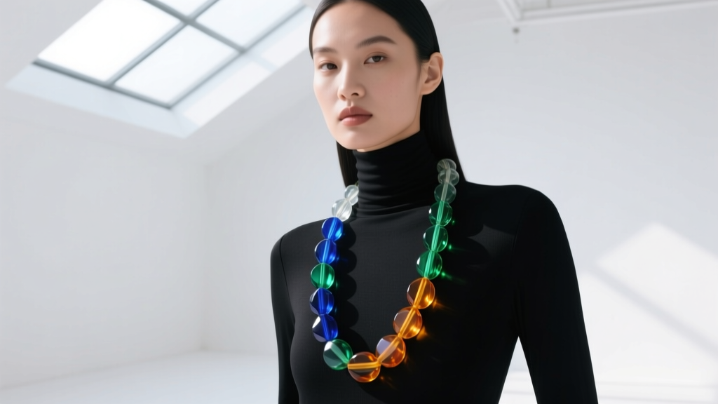 Model wearing a chunky resin beaded phone holder necklace over a minimalist black turtleneck, soft studio lighting, high fashion