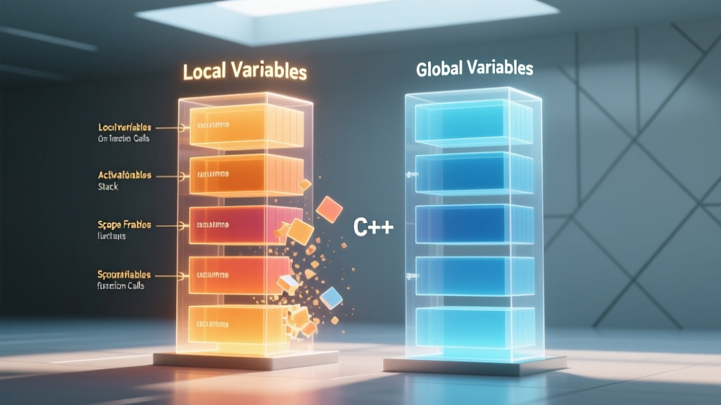 Comparison diagram showing stack memory allocation differences between returning local variables and global variables in C++