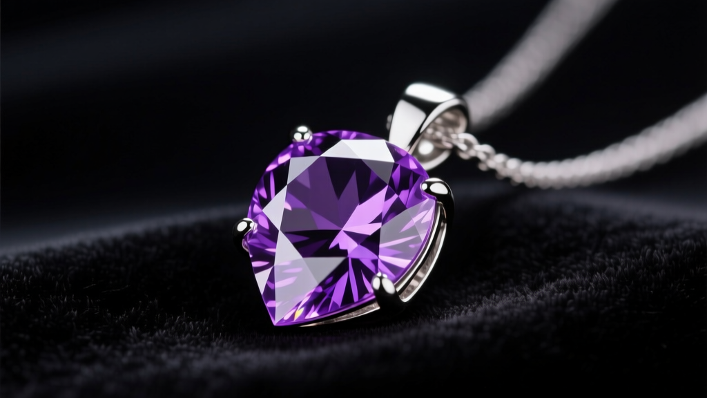 Vivid purple diamond pendant in platinum setting on dark velvet, highlighting deep color saturation and brilliant faceting.