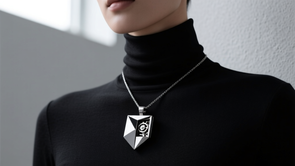 Matte black stainless steel secret compartment pendant on a dark turtleneck, showing modern, edgy, and minimalist jewelry styling.