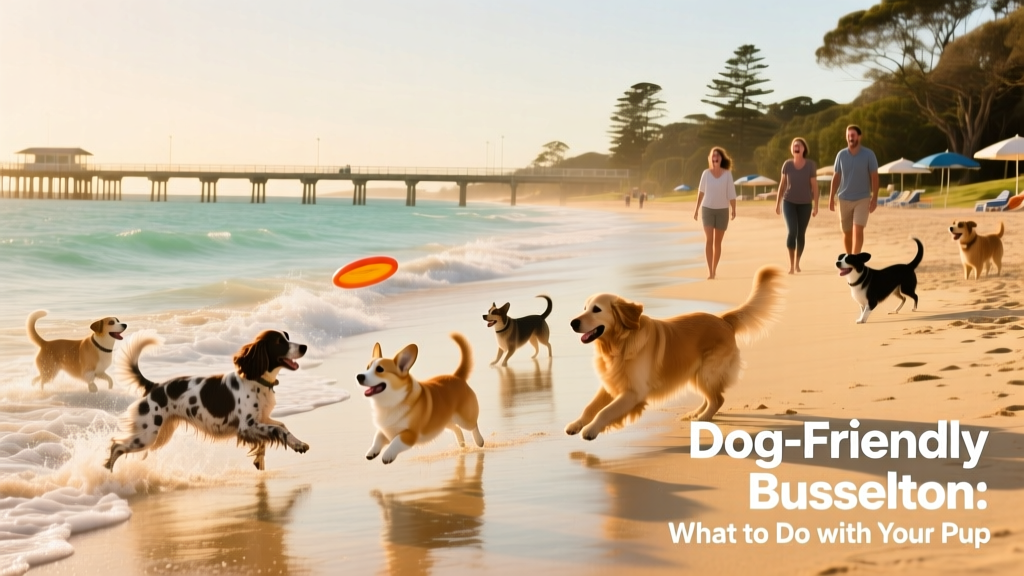 Busselton beachfront with dogs playing near the water.