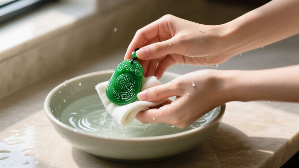Hands washing a carved nephrite jade pendant with a soft cloth and soapy water in a basin, demonstrating proper gemstone care.