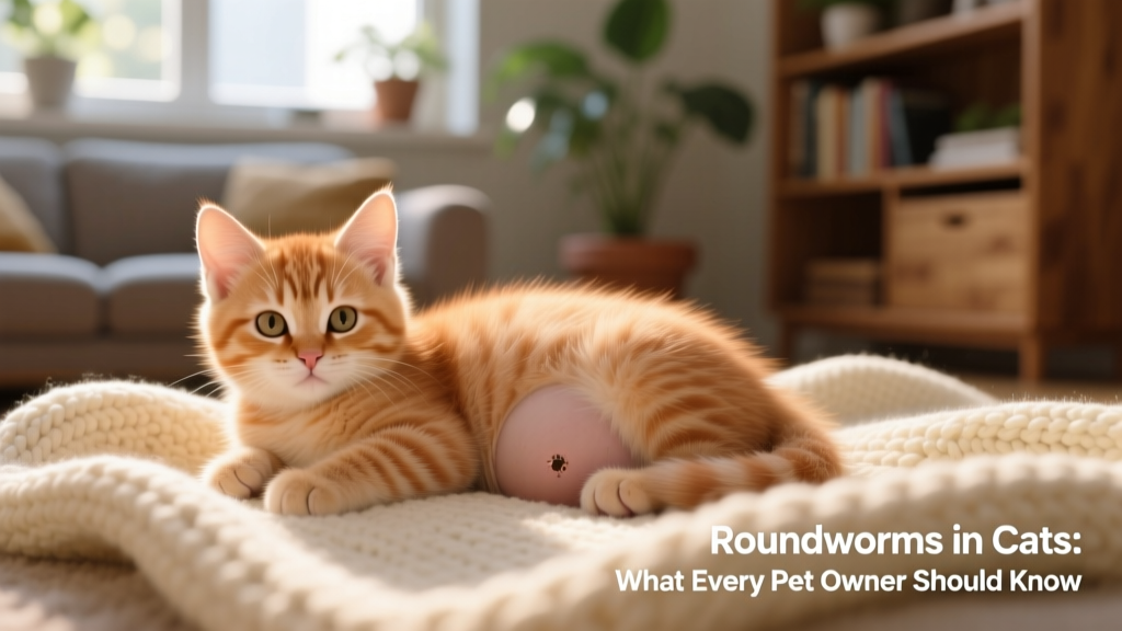 Kitten with slightly distended abdomen, lying on a soft blanket